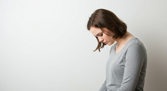 Melancholy woman with bob gazes downward