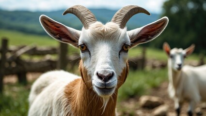 A goat with curved horns in a grassy field with a blurred background and another goat in the distance.