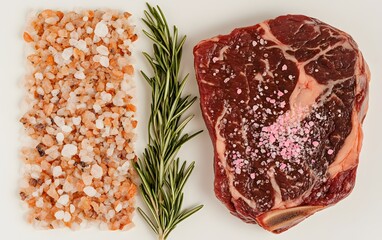 Delicious Raw Ribeye Steak with Himalayan Pink Salt and Rosemary