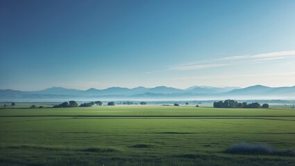 Naklejka premium Wide landscape of fields and distant mountains under a clear blue sky.