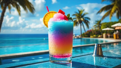 Colorful beach cocktail with a lemon slice, umbrella, and straw, tropical background with palm trees, pool, and ocean, summer drink, vacation, relaxing beverage.