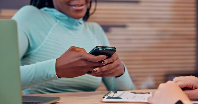 Woman, gym and receptionist with pos machine or watch for payment or membership fees at front desk. Closeup, employee or customer with wristwatch for wireless transaction, app or tap at health club