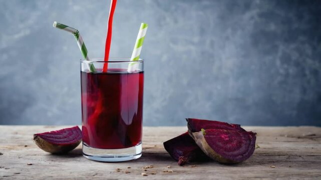 Healthy glass of fresh beetroot juice with straw and sliced beetroots, perfect for a natural health drink and detox, energizing