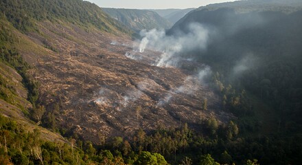 Devastated Forest Landscape with Smoke Rising After Deforestation, Environmental Destruction