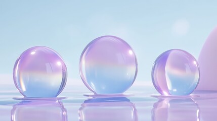 Three iridescent glass spheres on a reflective surface, pastel colors, soft lighting