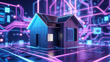 Futuristic Digital House Lit With Blue Lights on a Black Background	
