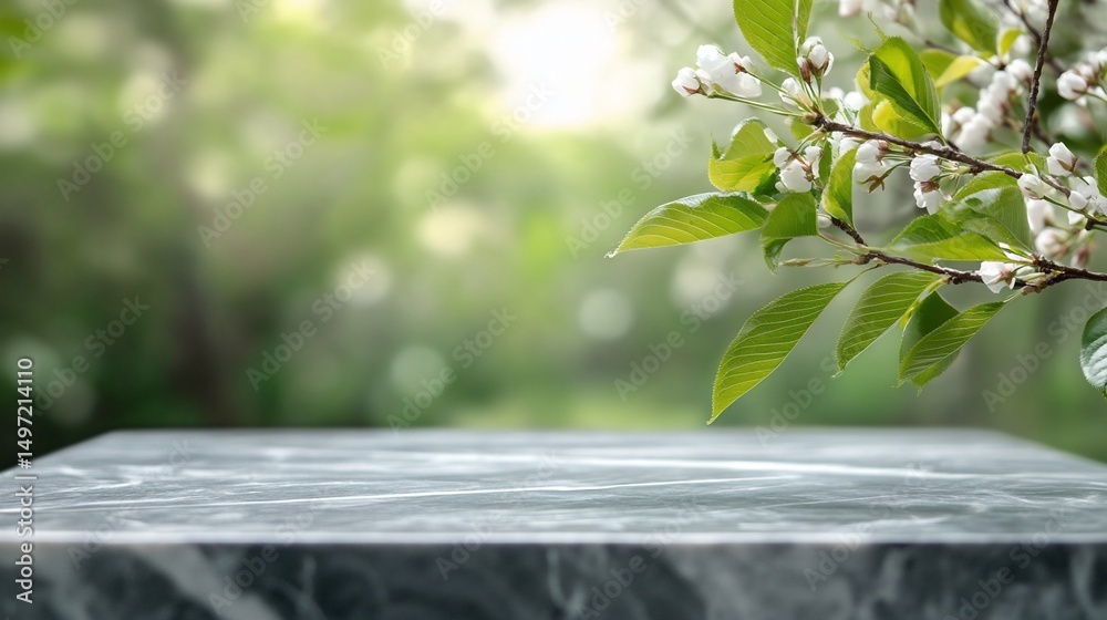 Poster empty marble table with blurred spring blossom background.