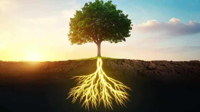 Vibrant green tree with glowing golden roots spreading underground in rich soil at bright sunrise, symbolizing energy, growth, and life connection in natures peaceful environment