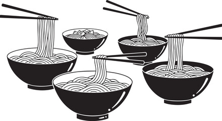 Delicious asian noodle bowls with chopsticks