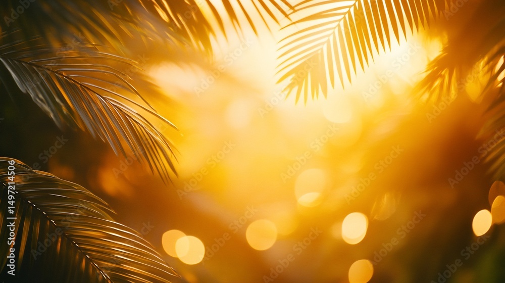 Poster golden hour sunlight filters through lush palm fronds, creating a warm, tropical bokeh effect.