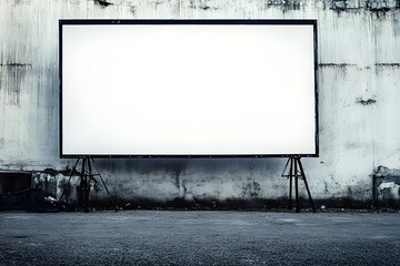 Large, blank billboard mounted on a tripod, positioned against a weathered, gray concrete wall.