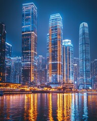 Obraz premium Night view of sustainable skyscrapers glowing with soft energy-saving LED outlines in smart city Sustainable Skyscraper Architecture Eco-Friendly Urban Infrastructure and Green Cities