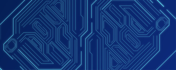 Futuristic circuit blueprint digital neural grid design. Glowing blue neon lines connecting in complex pattern vector design. Computer electronic printed circuit board microcircuit design background.