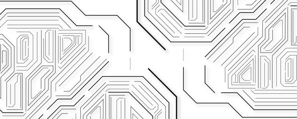 Minimalistic black and white abstract circuit board design featuring geometric lines and tech-inspired patterns. high-tech Ideal for use in technology, innovation, AI, and digital concept themes. 