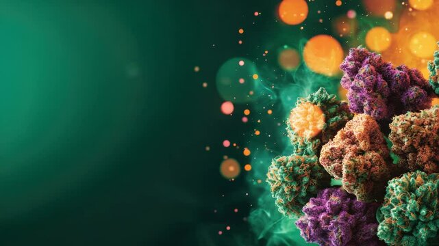 Colorful cannabis bud close up with vibrant purple, orange, and green marijuana flower surrounded by glowing bokeh lights and smoke creating dynamic and vivid atmosphere