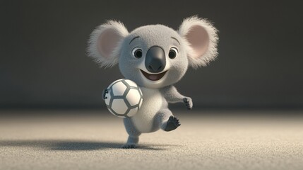 Adorable 3D koala playing soccer, happy expression, close-up view.