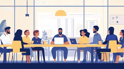 Diverse business team meeting around a long table in a modern office.