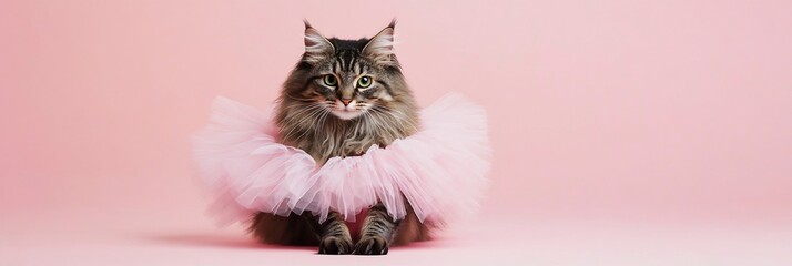 Fluffy cat in pink tutu against pink background.