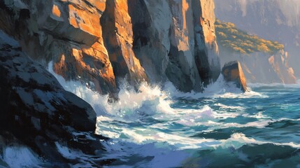Dramatic ocean waves crashing against sunlit rocky cliffs.
