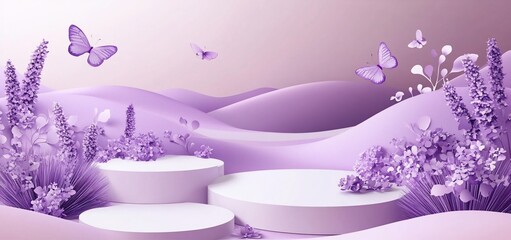 Lavender field with butterflies and three-tiered podium.