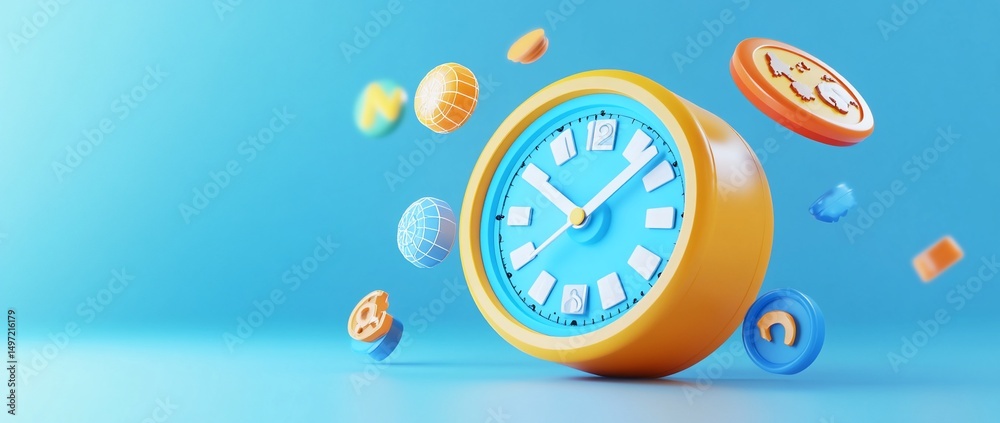 Leinwandbilder 3d render of a clock with colorful shapes floating around it against a blue background.