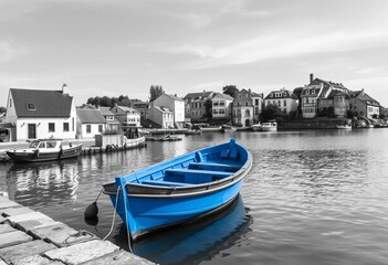 Fototapeta premium Monochrome coastal village scene, small blue fishing boat at harbor, water, picture