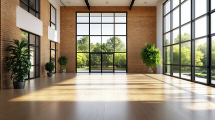 Spacious empty room with large windows, natural light, and greenery outside, creating serene atmosphere