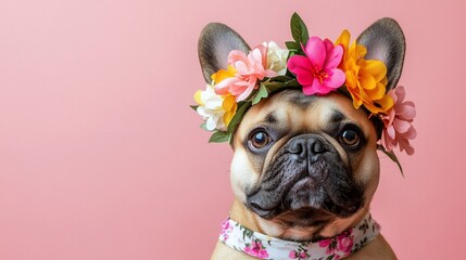 Adorable fawn French bulldog wearing a floral crown and collar against a pink background.