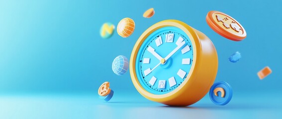 3D render of a clock with colorful shapes floating around it against a blue background.