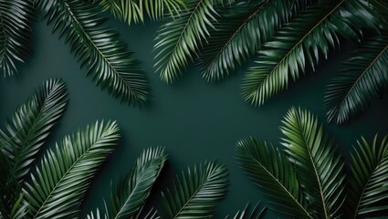 Green palm leaves arranged against a dark background, creating a tropical and natural aesthetic.