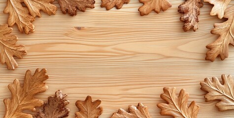 Wooden oak leaves frame on light wood background.