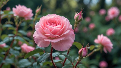Pink rose with buds and green leaves in a garden setting.
