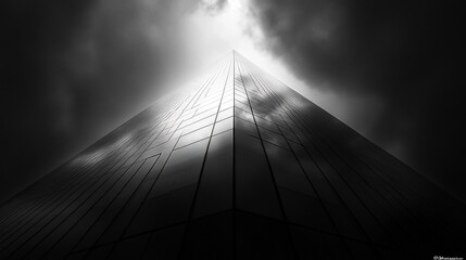 Dramatic low-angle black and white shot of a skyscraper piercing dark clouds, light shining from above.