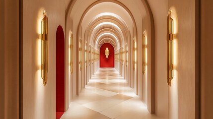 Obraz premium Elegant corridor with archways, lights and red wall accents creating visual depth