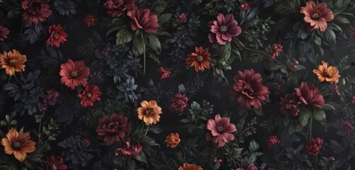 Abstract dark floral wallpaper, seamless botanical design, pattern, dark