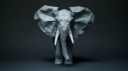 Origami elephant, grey paper, front view, dark background.