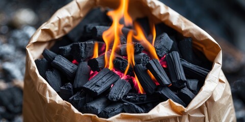 Fototapeta premium Burning charcoal in a paper bag for cooking or heating.