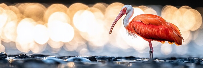 Scarlet Ibis standing in shallow water at sunset, bokeh background.