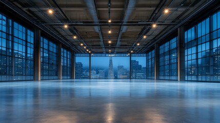 Spacious industrial loft interior with large windows offering a stunning cityscape view at dusk.