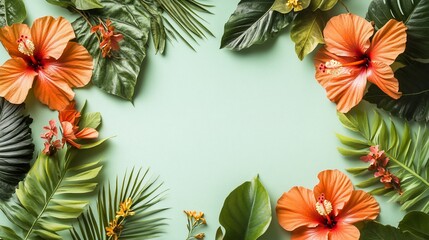 Tropical flowers and leaves frame on a mint green background.