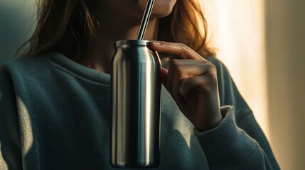 Woman drinking from a stainless steel bottle with a metal straw by a window.