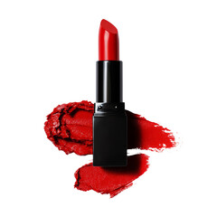 Red lipstick tube with vibrant swatch on transparency background, showcasing beauty and elegance. Perfect for makeup enthusiasts and fashion lovers