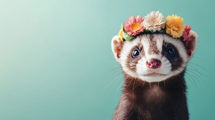 Adorable ferret wearing a flower crown against a teal background. (2)