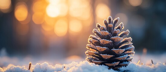 Frosty pine cone in snowy landscape at sunset.