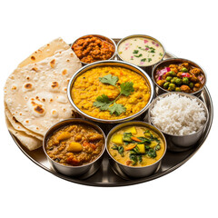 Delicious Indian thali featuring variety of dishes including lentils, rice, vegetables, and bread, served on stainless steel platter