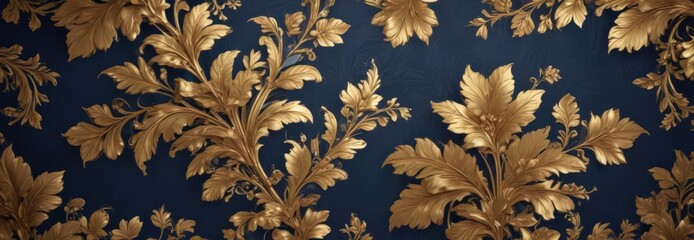 Intricate gold leaf floral design on deep blue royal wallpaper, repeat, botanical, luxury
