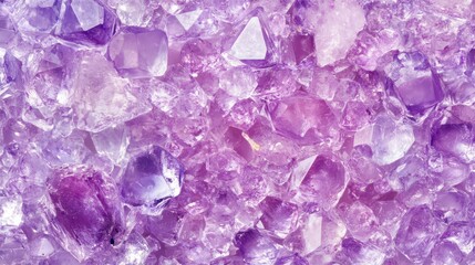 Close up of purple amethyst crystals. Background of tumbled amethyst gemstones. Use for website banner or backdrop