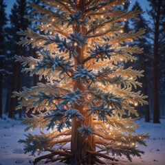 Glowing Christmas lights draped across a frosted pine tree, winter scene ,  tangled,  ambiance,  scene