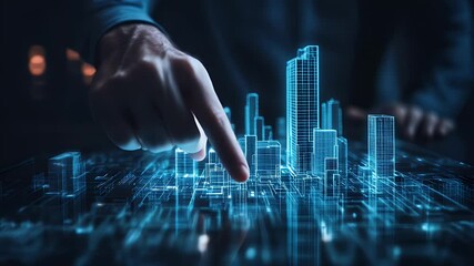 Male hand controlling holographic city map - Powered by Adobe