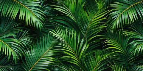 Lush green jungle leaves with dense foliage and vibrant colors. Tropical plant background with overlapping palm fronds. Rich and lively plant scenery.